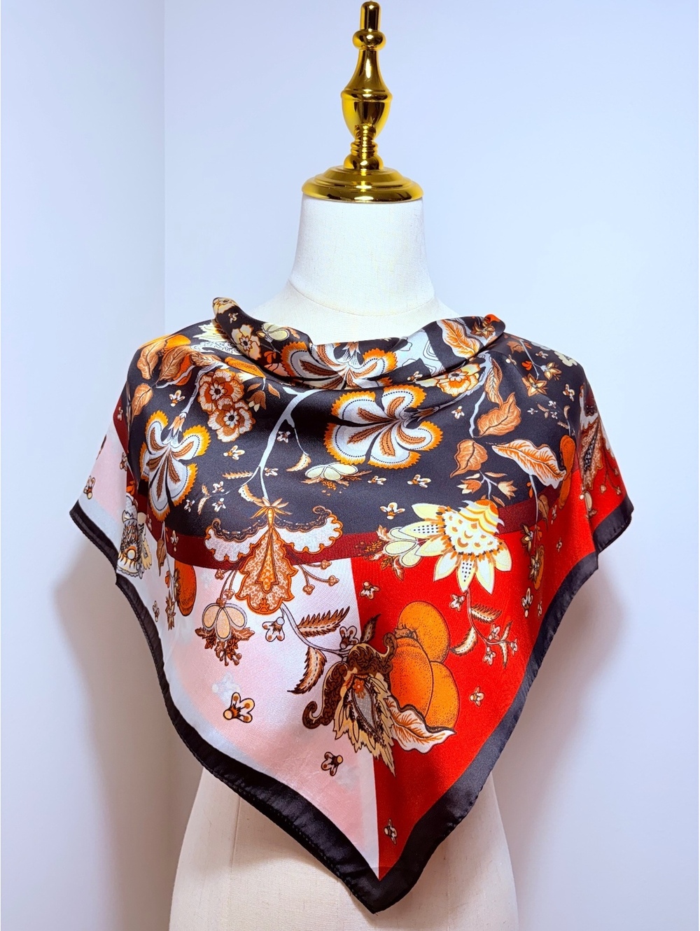 Elegant Floral Satin Polyester Square Scarf in Red, Black, White, and Brown –